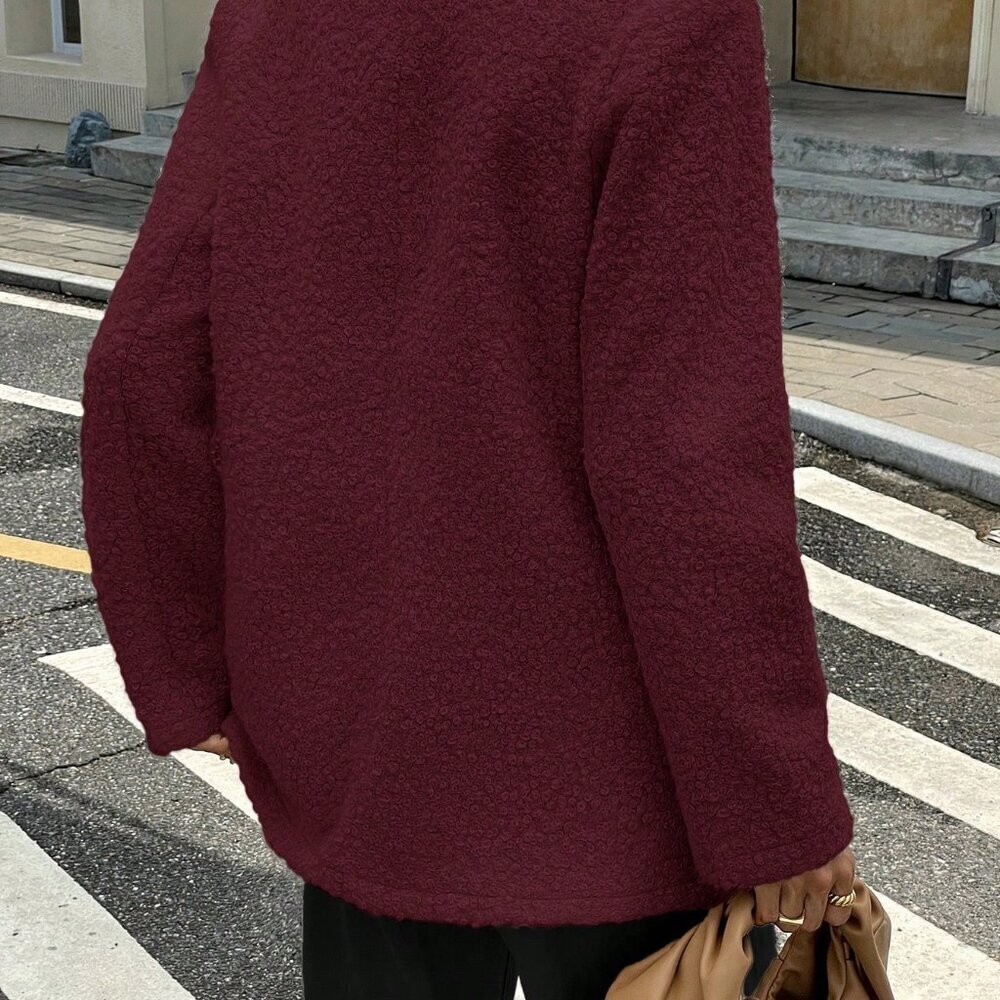 Burgundy Casual Women's Textured Notched Collar Blazer Jacket - Picture 2 of 7
